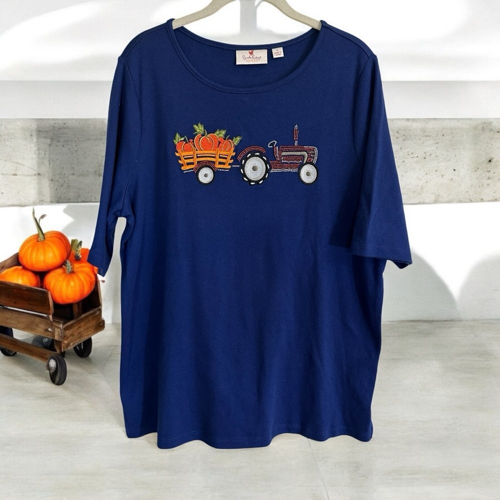 Quacker Factory Blue Embroidered Embellished Knit Fall Halloween Shirt Top Large